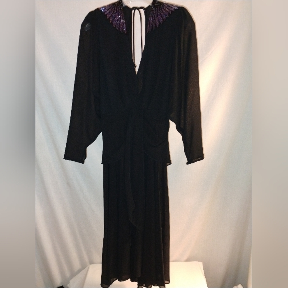VINTAGE 80's CASADEI BLACK CHIFFON SHOULDER BEADED COCKTAIL DRESS 12 USA